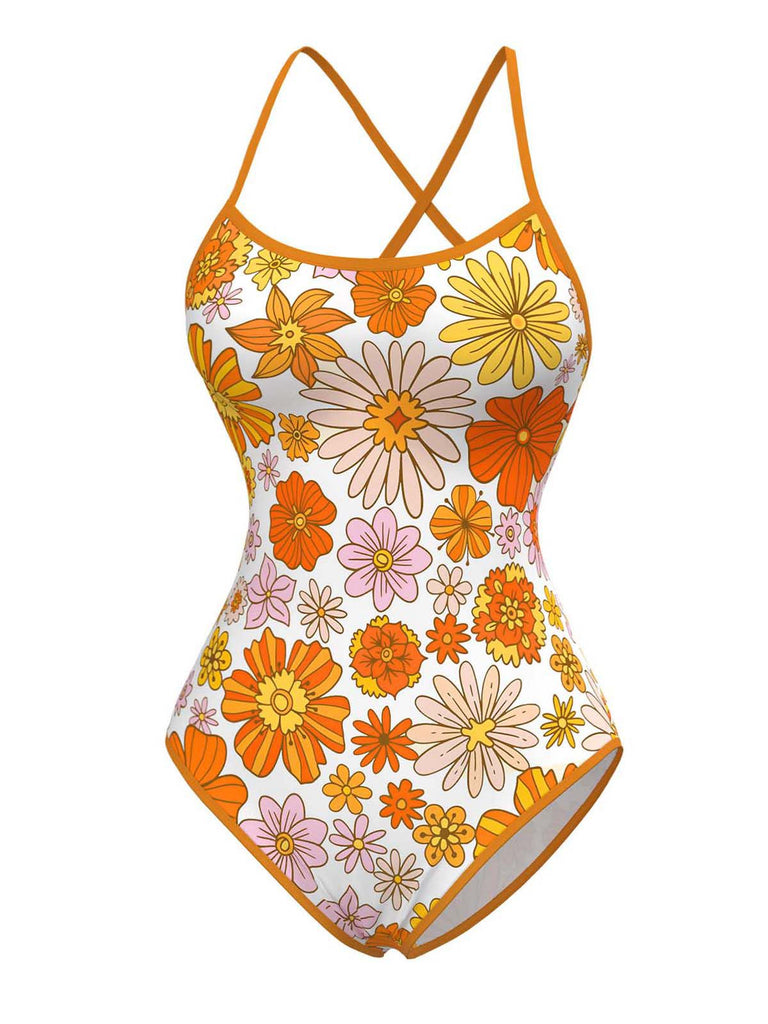 Maillot de bain une pièce orange marguerite à dos croisé années 60