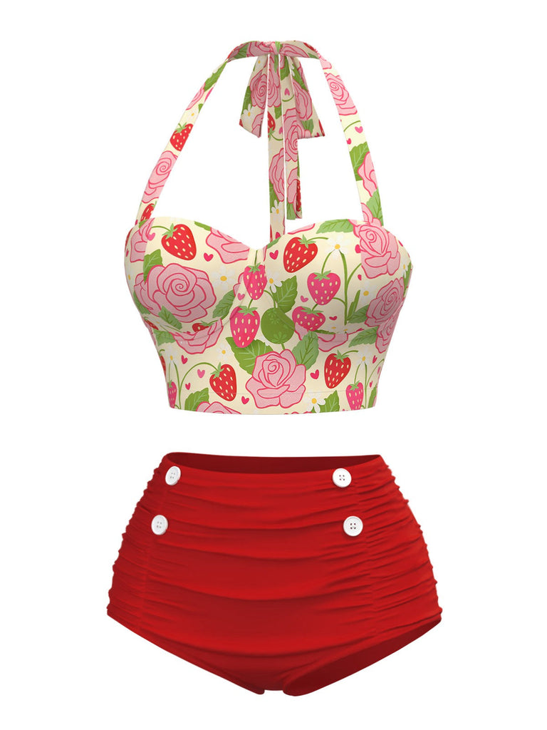 Maillot de bain dos nu rouge roses et fraise années 50