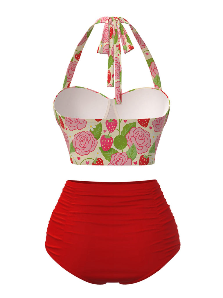 Maillot de bain dos nu rouge roses et fraise années 50