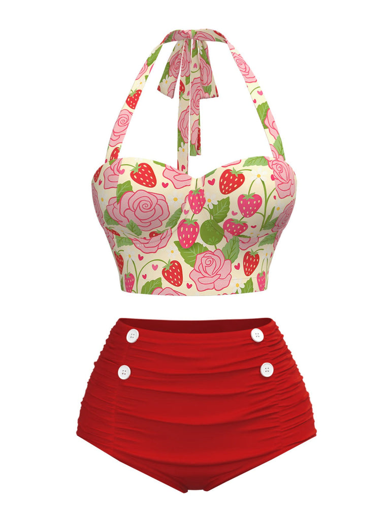 Maillot de bain dos nu rouge roses et fraise années 50