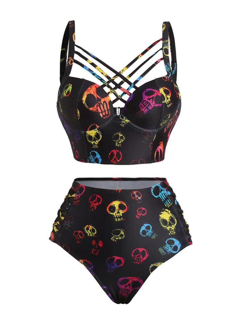 Ensemble bikini noir gothique avec tête de mort années 1980