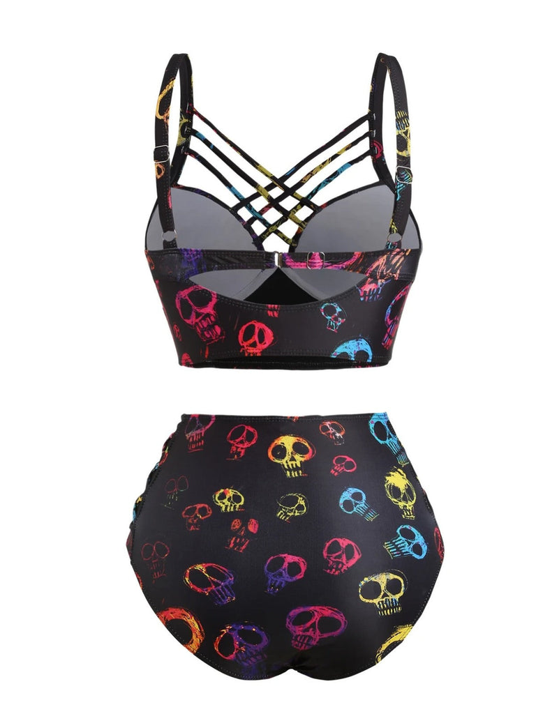 Ensemble bikini noir gothique avec tête de mort années 1980