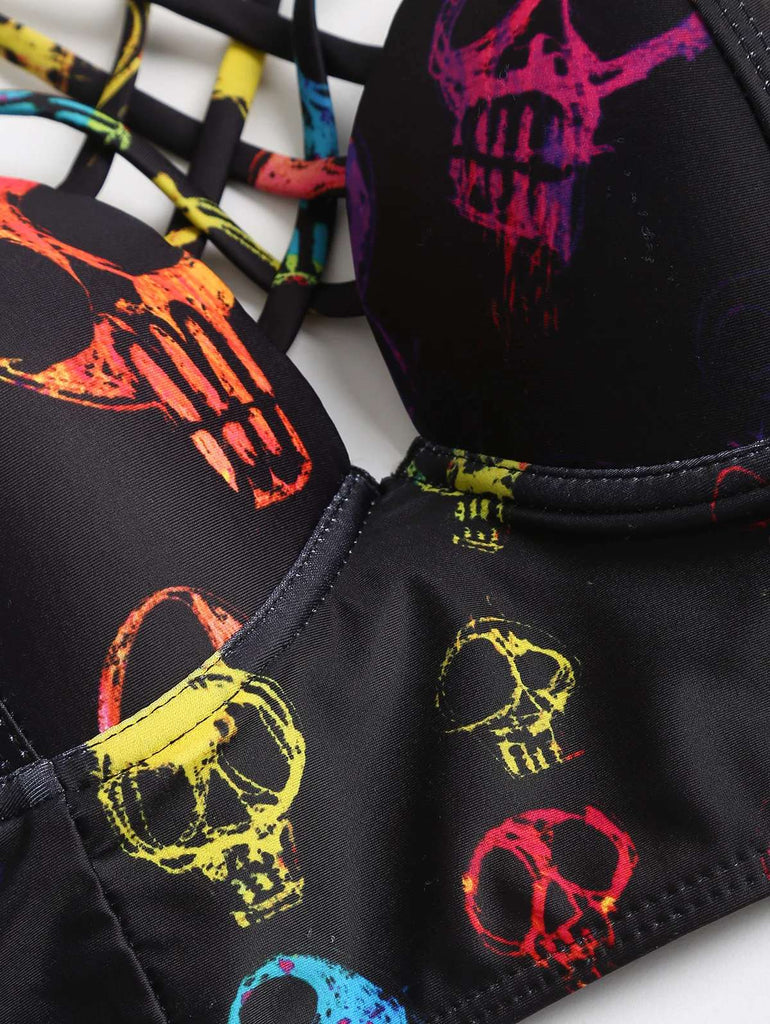 Ensemble bikini noir gothique avec tête de mort années 1980