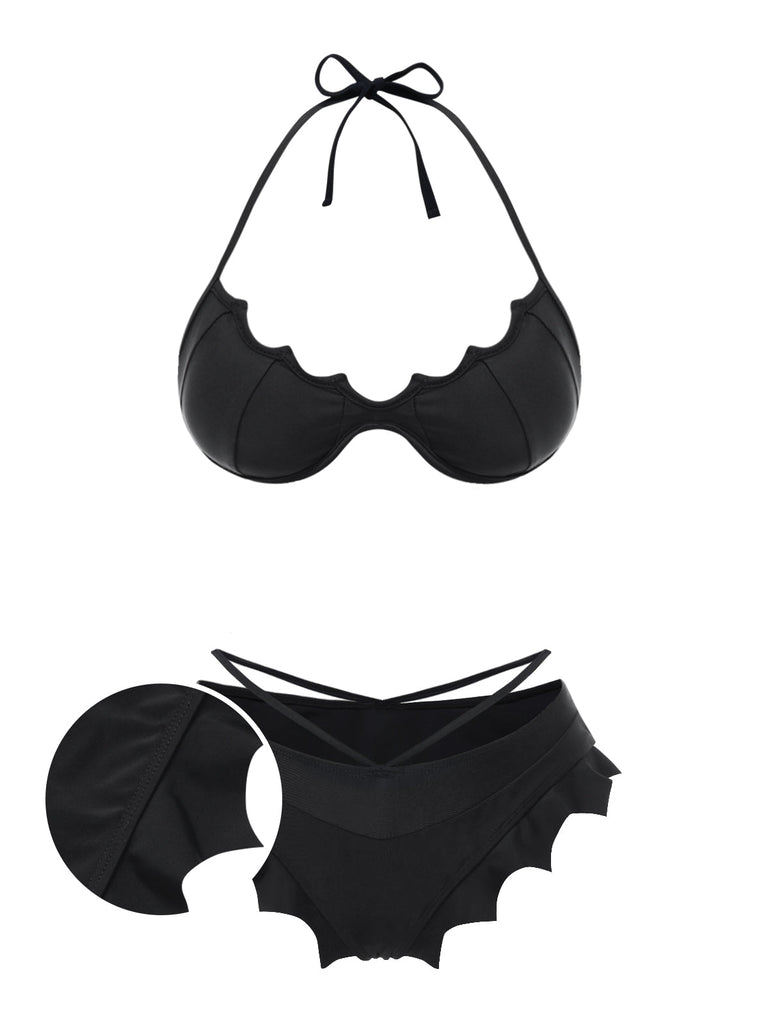 Ensemble bikini noir ailes de chauve-souris gothiques années 1980