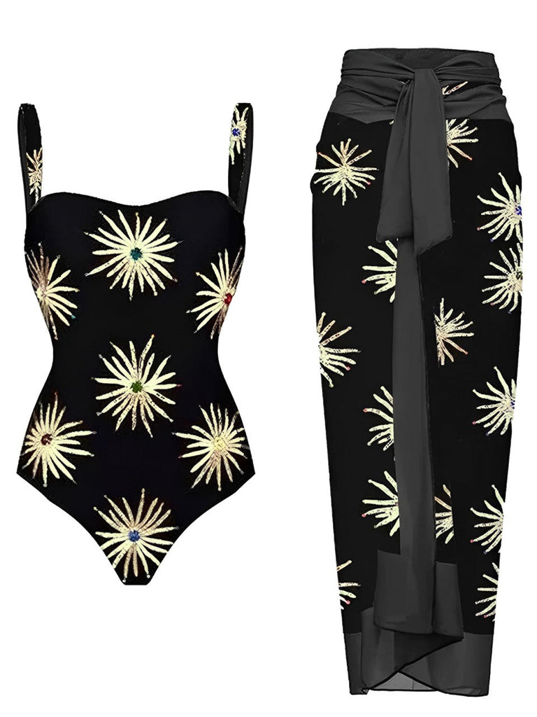 Maillot de bain une pièce et cache-maillot noir doré feu d'artifice années 1960