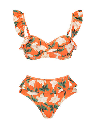 2PCS Ensemble de bikini et cache maillot à fleurs volants orange années 1940