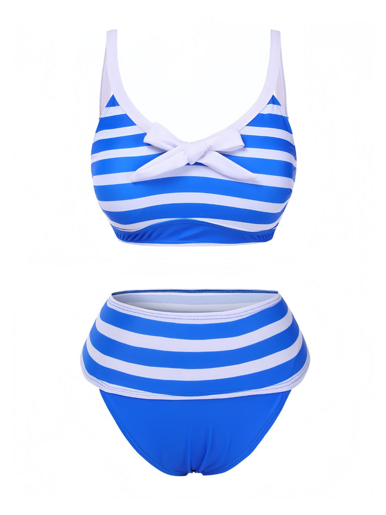 Ensemble bikini rayé bleu et blanc avec nœud des années 1950