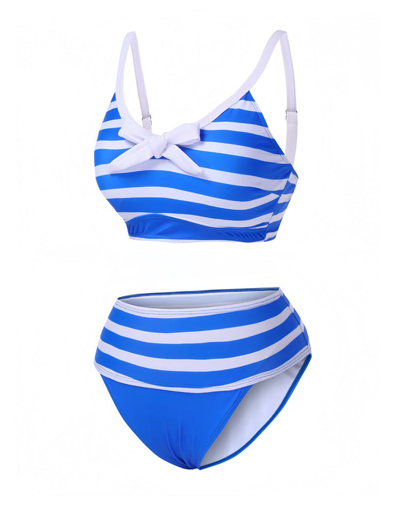 Ensemble bikini rayé bleu et blanc avec nœud des années 1950