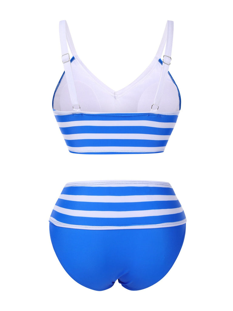 Ensemble bikini rayé bleu et blanc avec nœud des années 1950