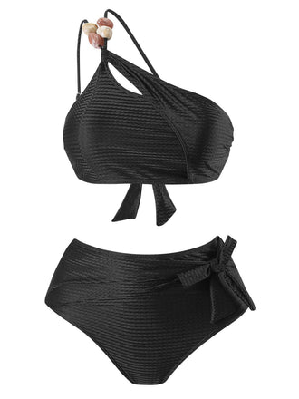 Ensemble bikini asymétrique en tissu texturé et perles des années 1950