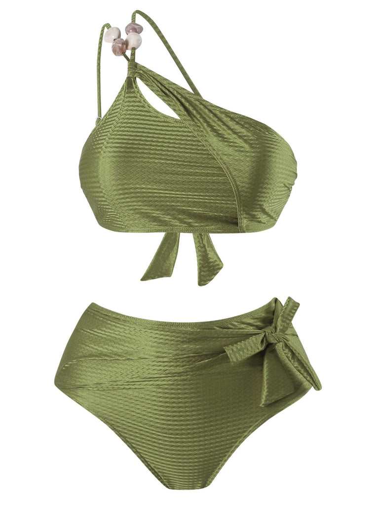 Ensemble bikini asymétrique en tissu texturé et perles des années 1950