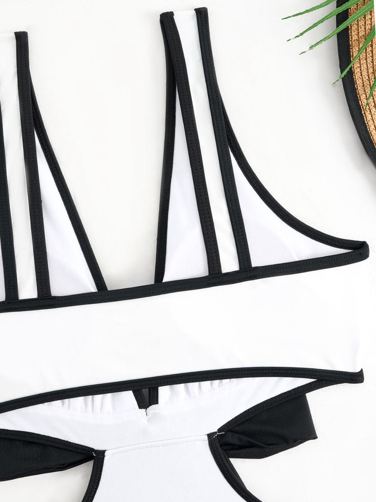 Maillot de bain blanc des années 1950 à taille creuse et nœud papillon