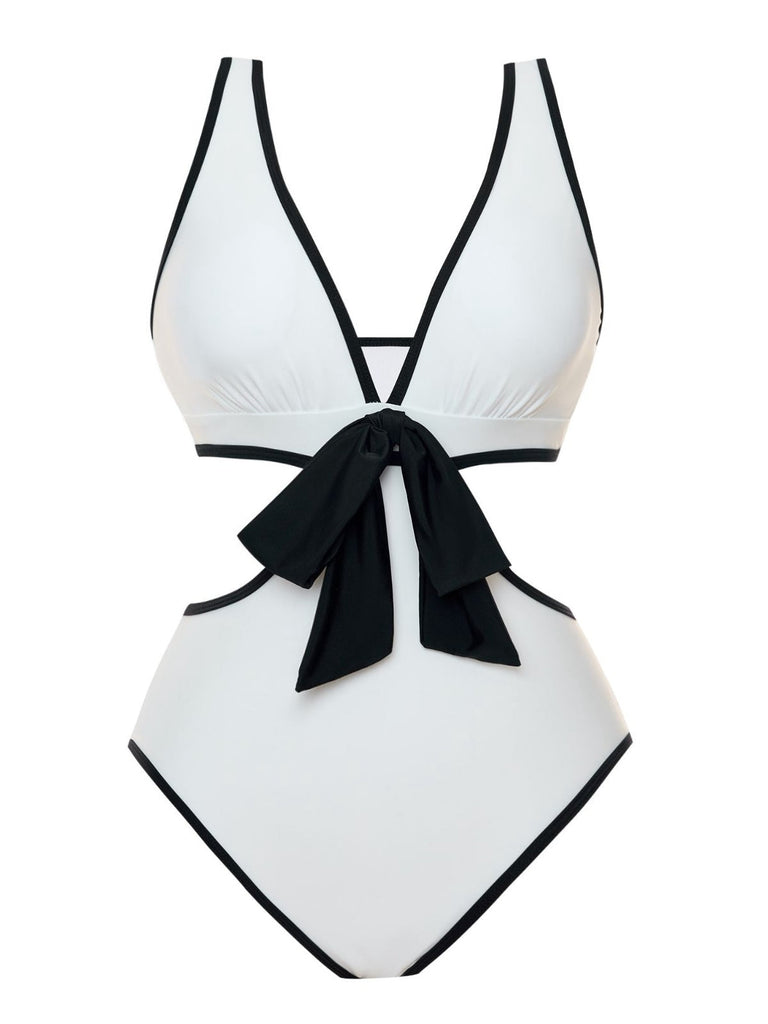 Maillot de bain blanc des années 1950 à taille creuse et nœud papillon