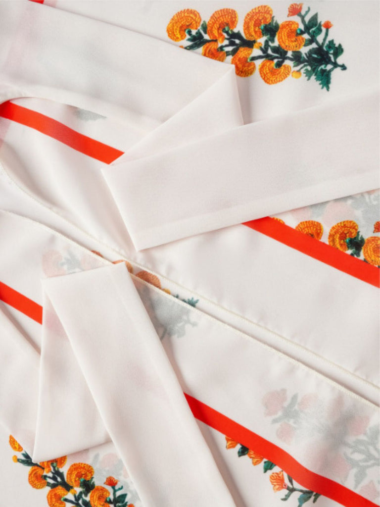 Cache-maillot beige à motifs de plantes et de fleurs des années 1960