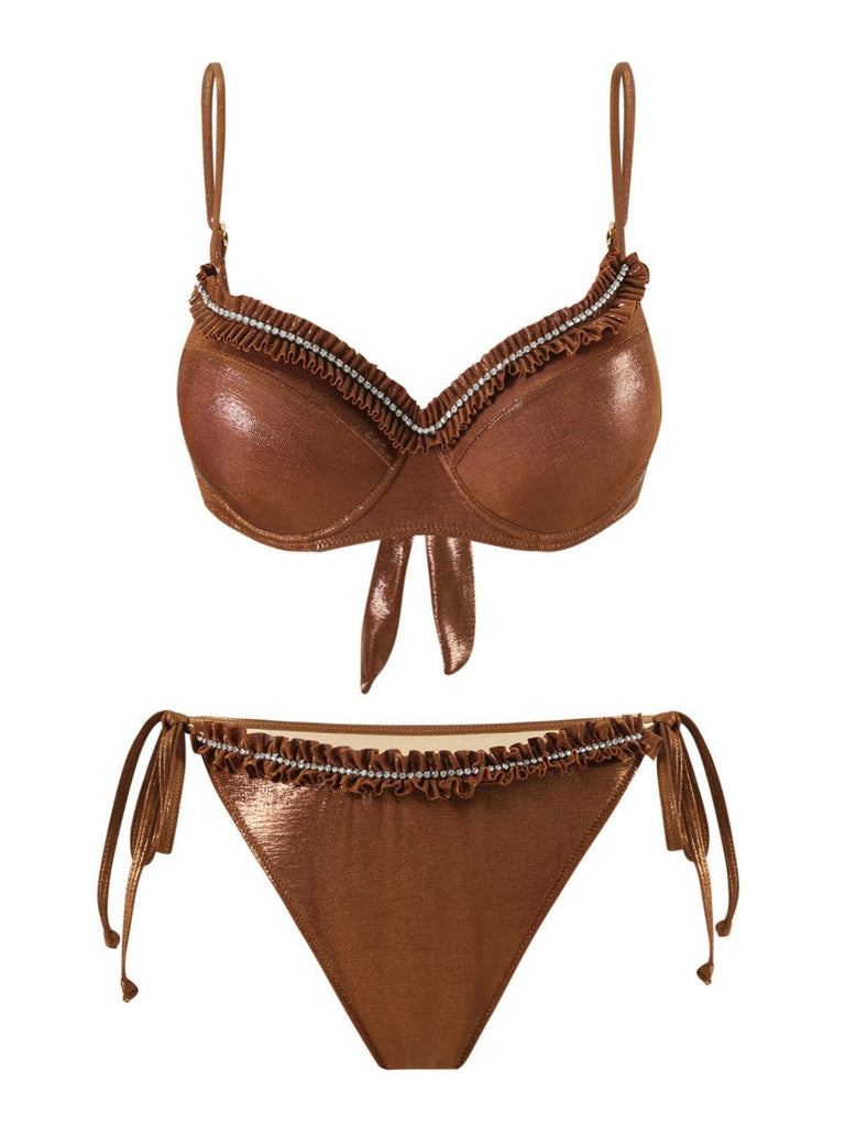 Ensemble de bikinis à volants avec strass bruns des années 1950
