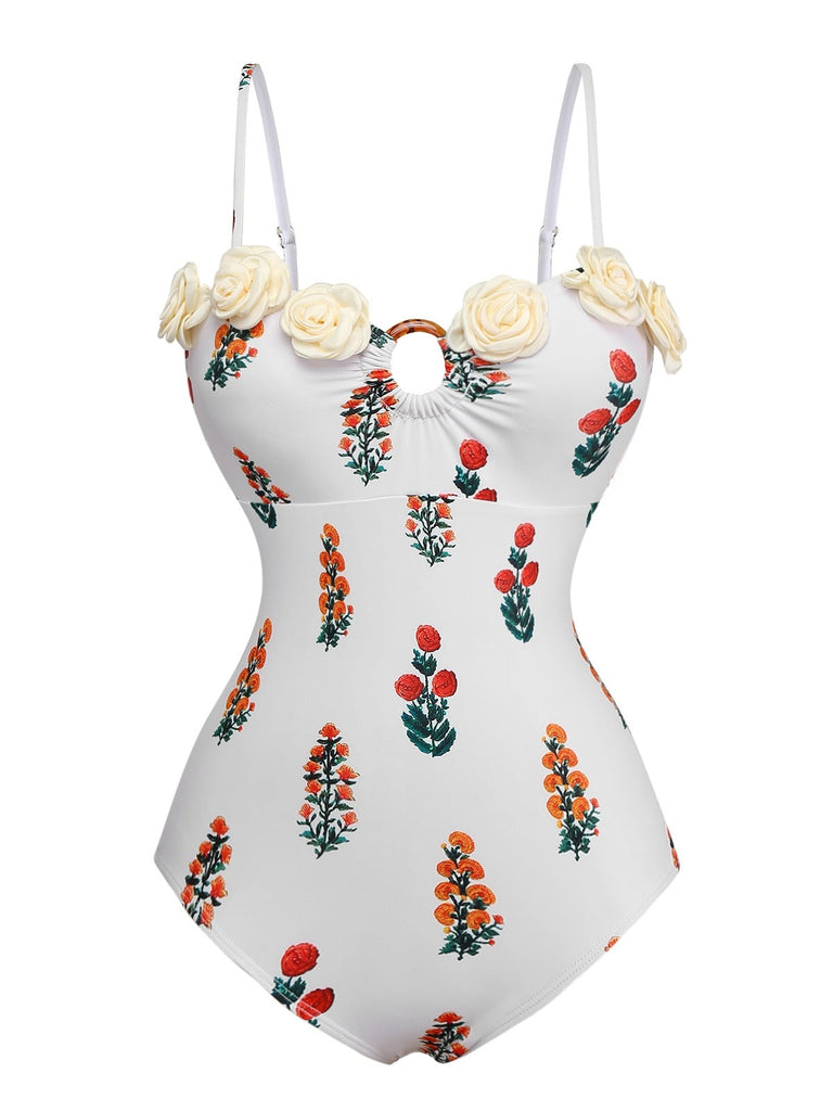 2PCS Maillot de bain à bretelles fleuries 3D et cache-maillot blanc des années 1960
