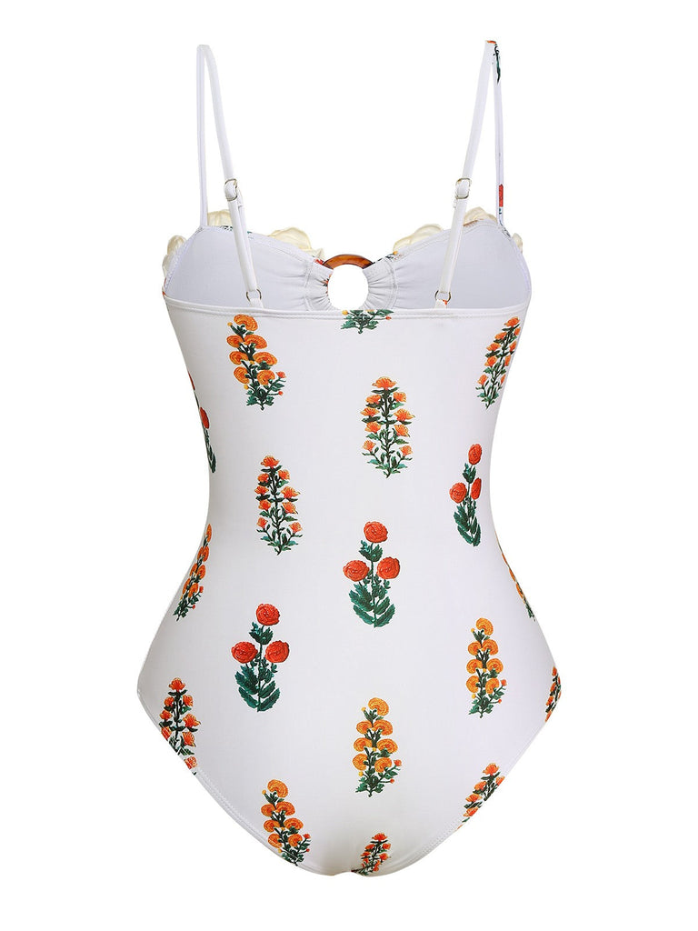 2PCS Maillot de bain à bretelles fleuries 3D et cache-maillot blanc des années 1960