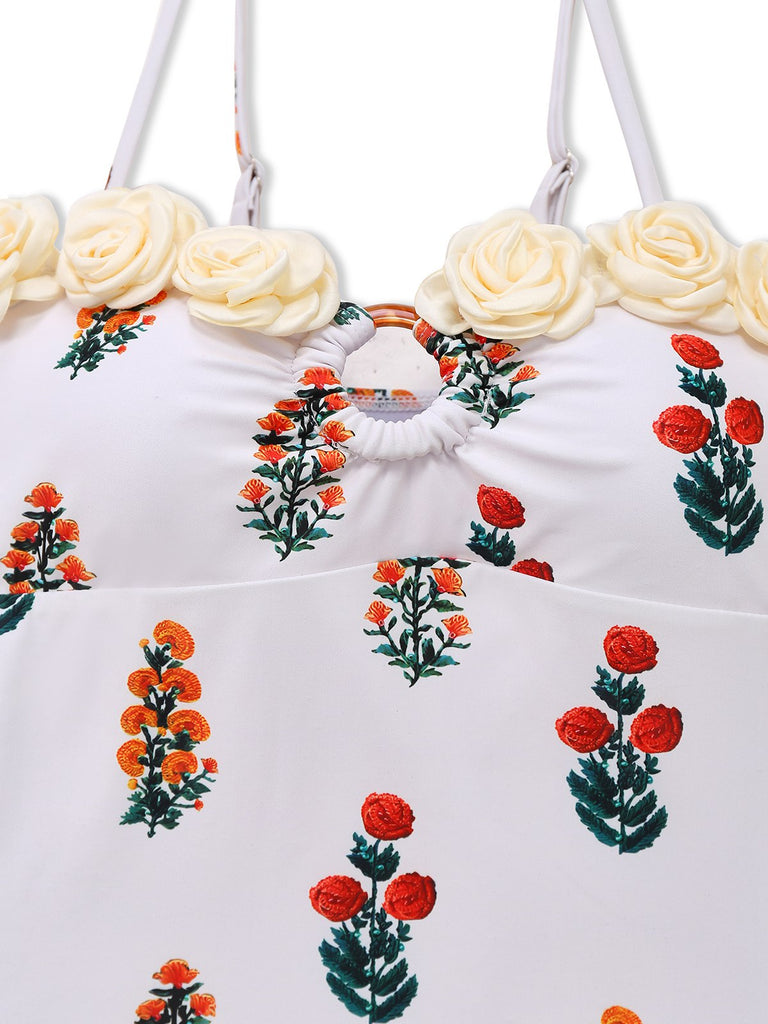 2PCS Maillot de bain à bretelles fleuries 3D et cache-maillot blanc des années 1960