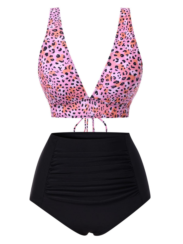 Ensemble bikini à lacets col décolleté V profond léopard patchwork années 1950