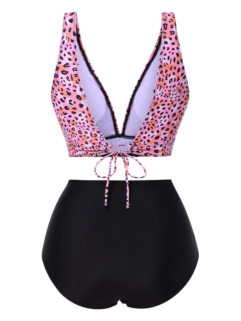 Ensemble bikini à lacets col décolleté V profond léopard patchwork années 1950
