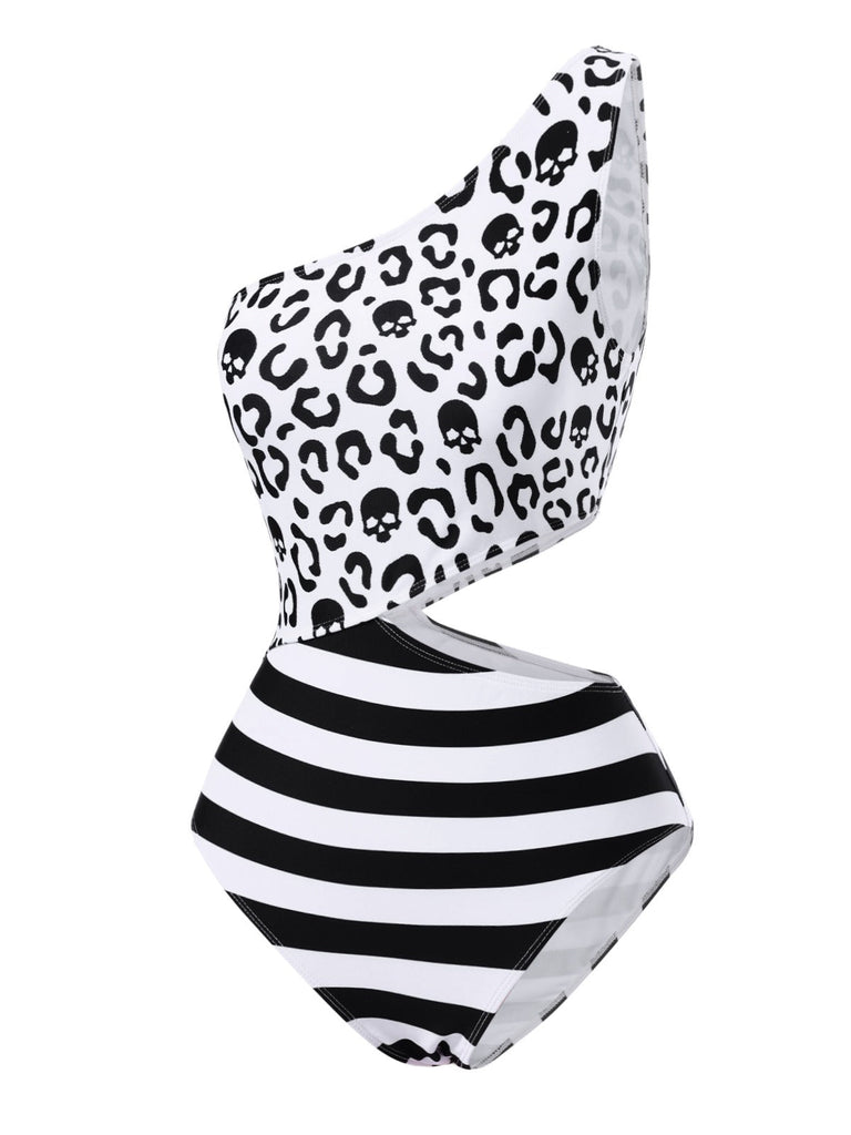 Maillot de bain noir à rayures et tête de mort une épaule ajourée années 80