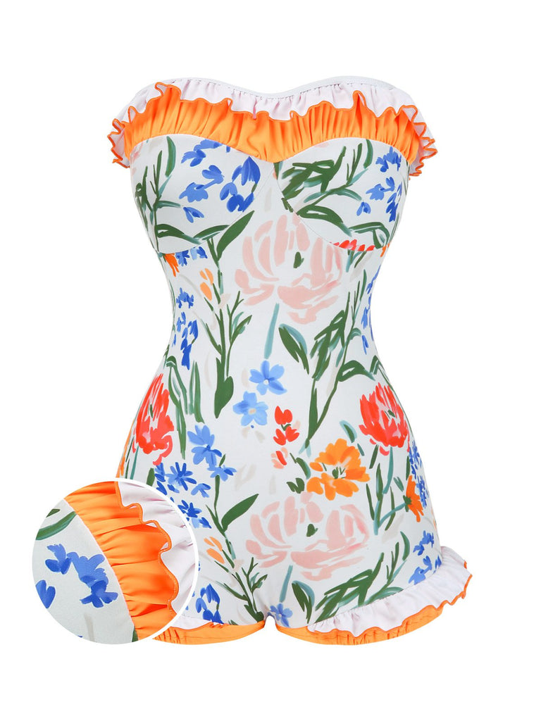 [Prévente] Maillot de bain une pièce bandeau multicolore fleurs peintes années 1960