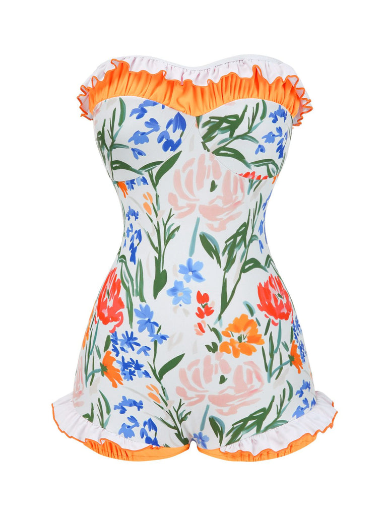 [Prévente] Maillot de bain une pièce bandeau multicolore fleurs peintes années 1960