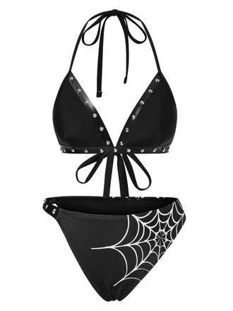 Ensemble bikini noir à rivets style gothique des années 1980