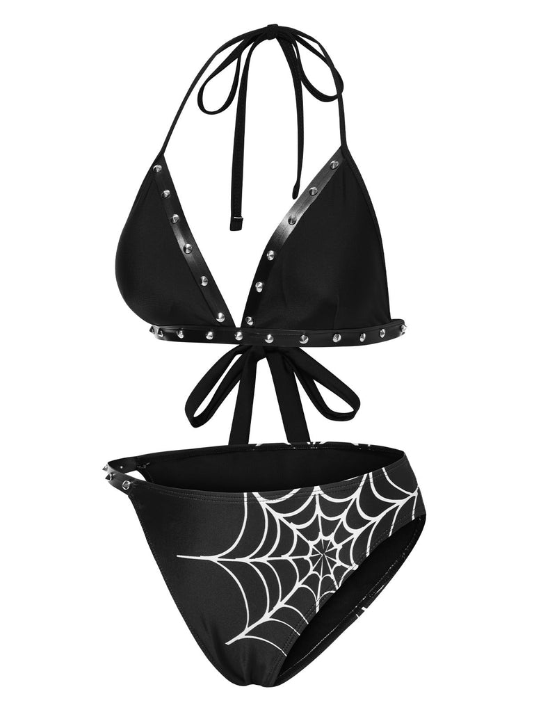 Ensemble bikini noir à rivets style gothique des années 1980