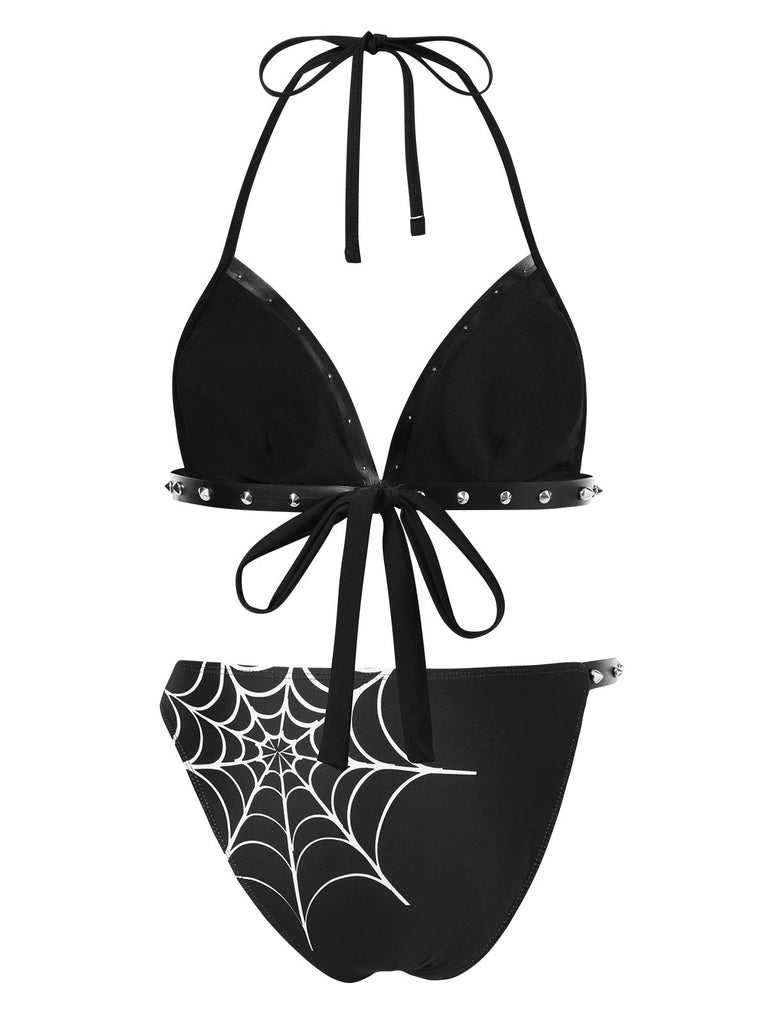 Ensemble bikini noir à rivets style gothique des années 1980