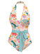Maillot de bain dos nu multicolore imprimé dinosaures des années 1950