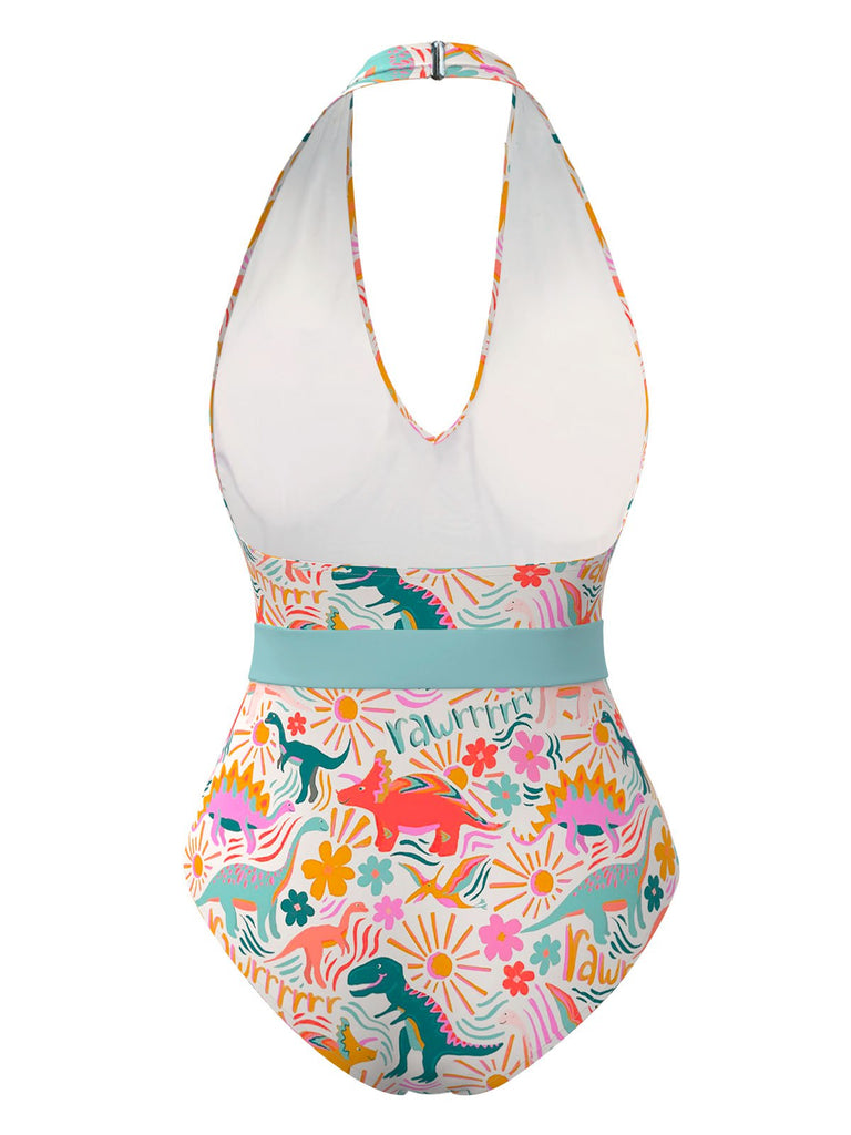 Maillot de bain dos nu multicolore imprimé dinosaures des années 1950