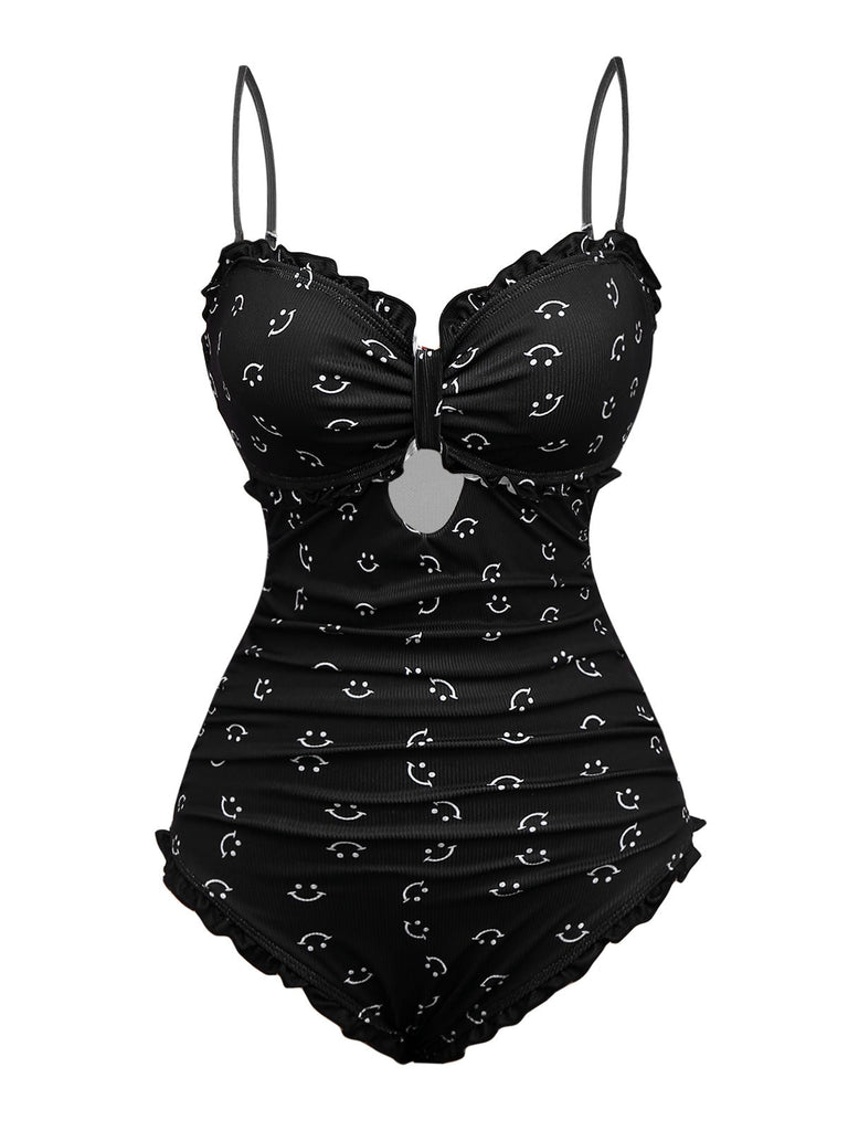 Maillot de bain une pièce noir à volants et bretelles imprimé sourire années 1930