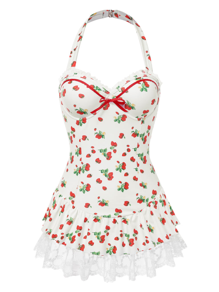 [Pré-vente] Robe de bain à licou fraise en dentelle nœud années 1950