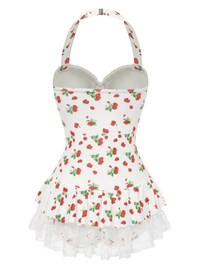 [Pré-vente] Robe de bain à licou fraise en dentelle nœud années 1950