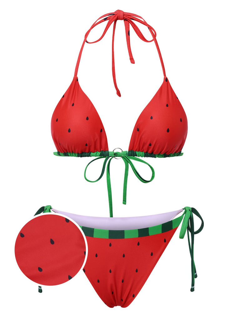 Ensemble bikini rouge pastèque à nœud années 1960