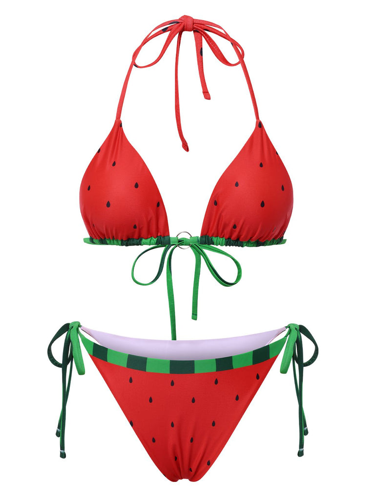 Ensemble bikini rouge pastèque à nœud années 1960