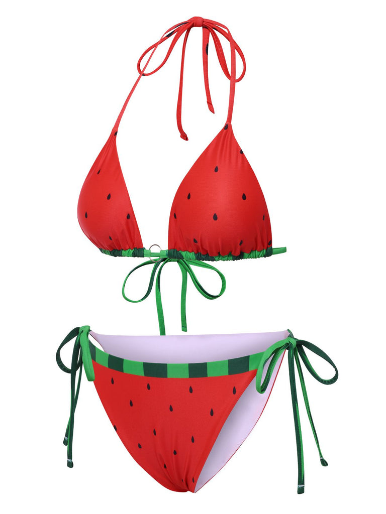 Ensemble bikini rouge pastèque à nœud années 1960