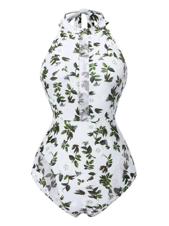 2PCS Maillot de Bain Une Pièce et Cache Maillot Imprimé Feuilles Vert Années 1930