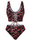 Ensemble tankini noir à lacets et petites fleurs des années 1940
