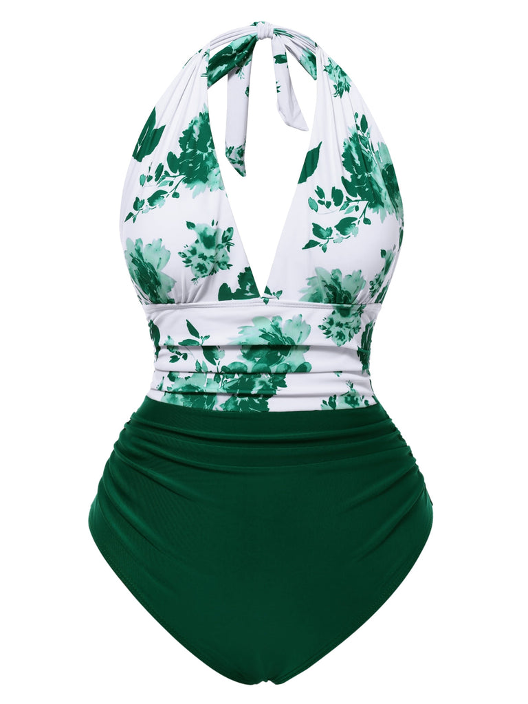 Maillot de bain rouge dos nu col V motif silhouette de feuille années 1940