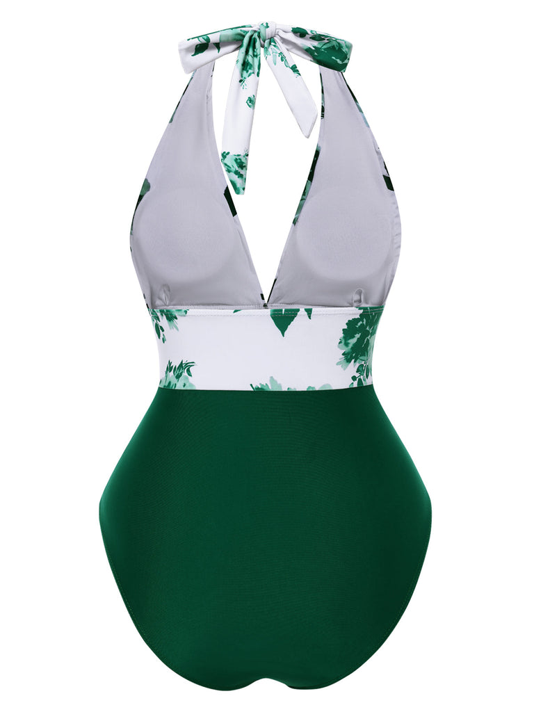 Maillot de bain rouge dos nu col V motif silhouette de feuille années 1940