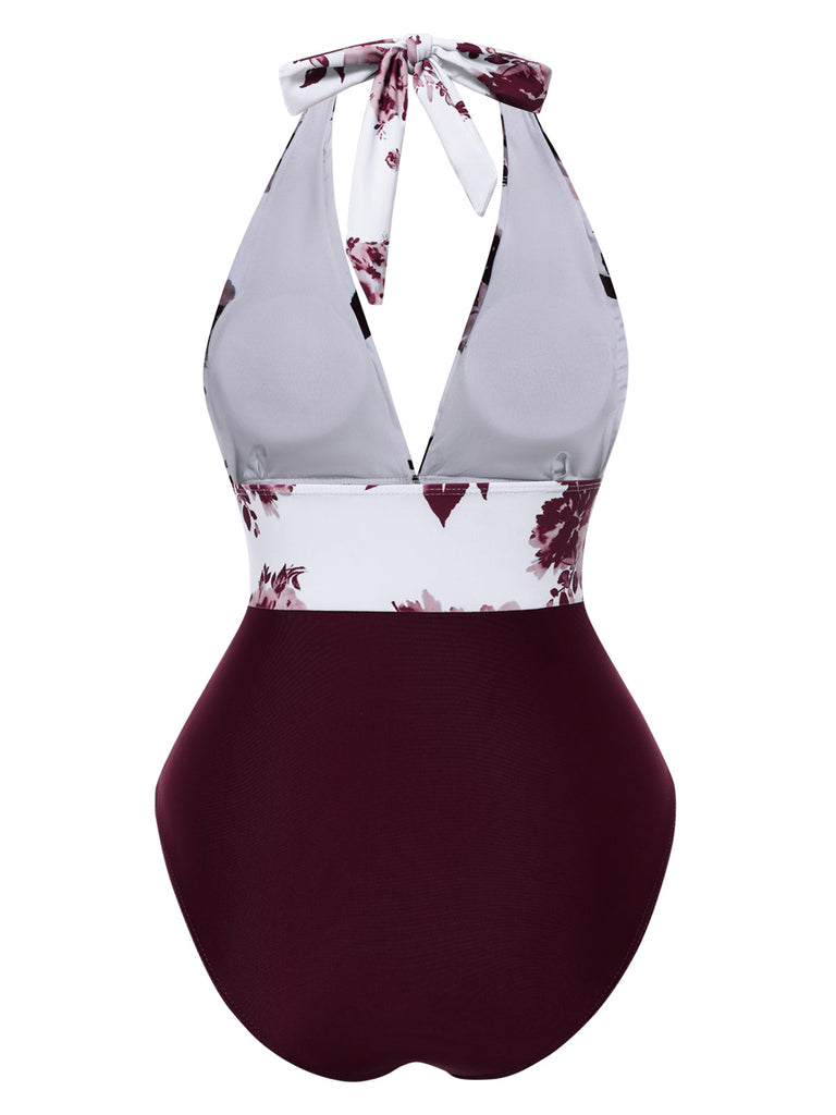 Maillot de bain rouge dos nu col V motif silhouette de feuille années 1940