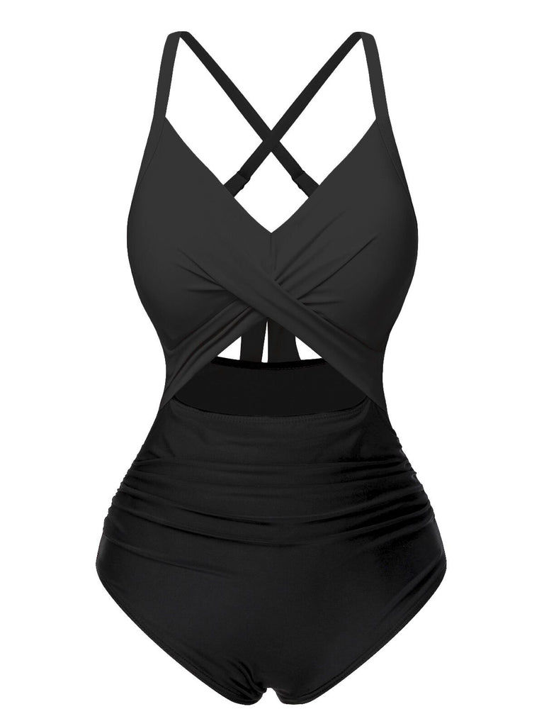 Maillot de bain patchwork taille creuse rose et noir des années 1940