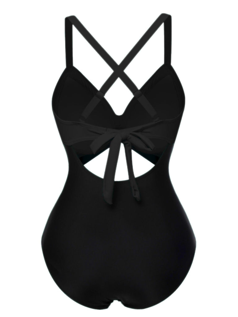 Maillot de bain patchwork taille creuse rose et noir des années 1940