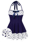 Robe de bain dos nu patchwork à pois bleus années 40