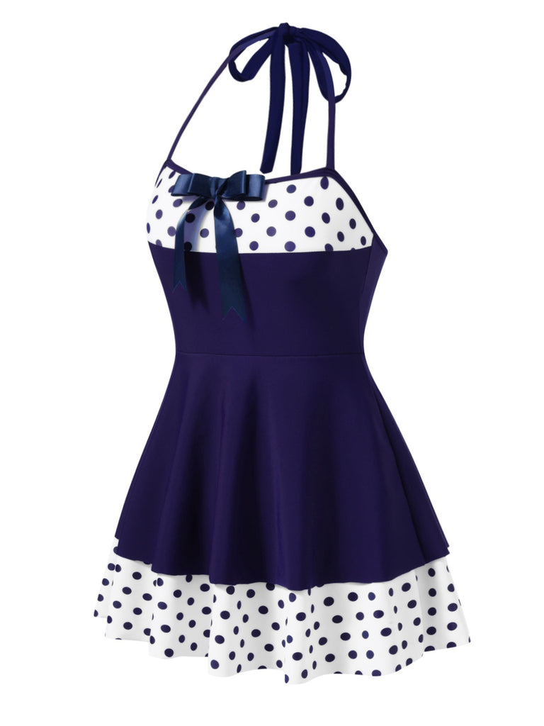 Robe de bain dos nu patchwork à pois bleus années 40