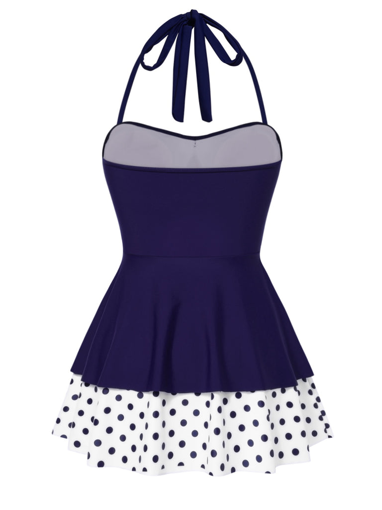 Robe de bain dos nu patchwork à pois bleus années 40
