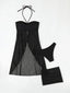3PCS Ensemble bikini dos nu noir uni des années 1950 et cache-maillot