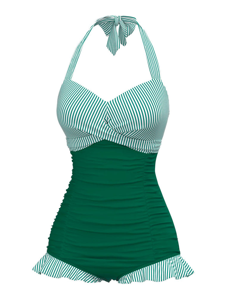 Maillot de bain une pièce dos nu rayé vert des années 1940